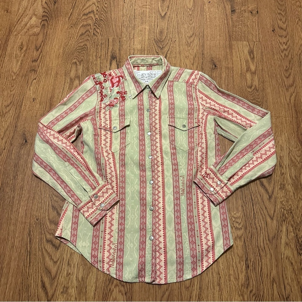 Ryan Michael sage Red Tan Casual Button Down Shirt western embroidered medium